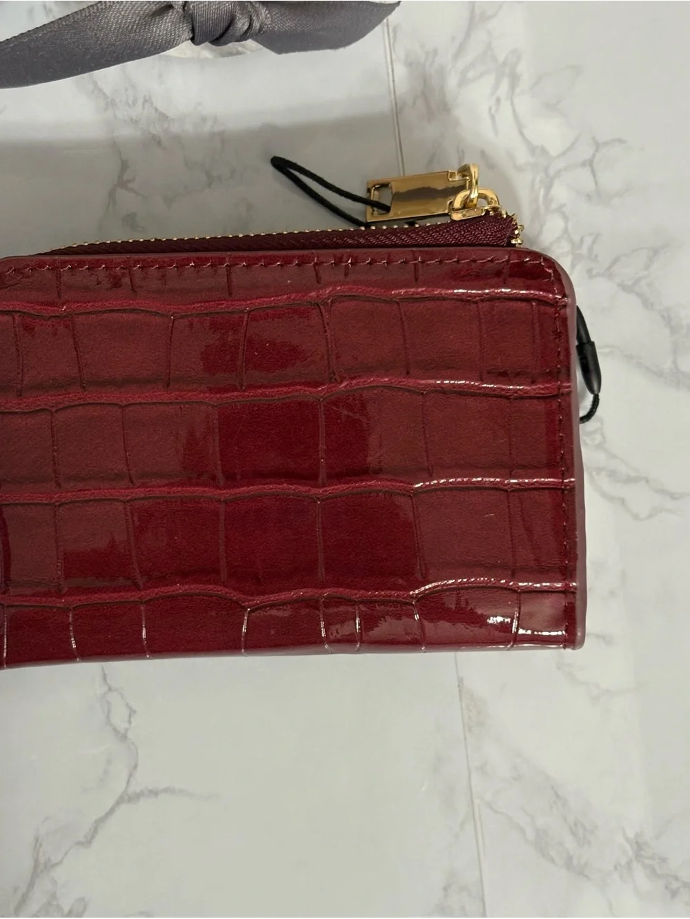 MANGO Burgundy Croc-Effect Small Credit Card/Coin Zipper Wallet